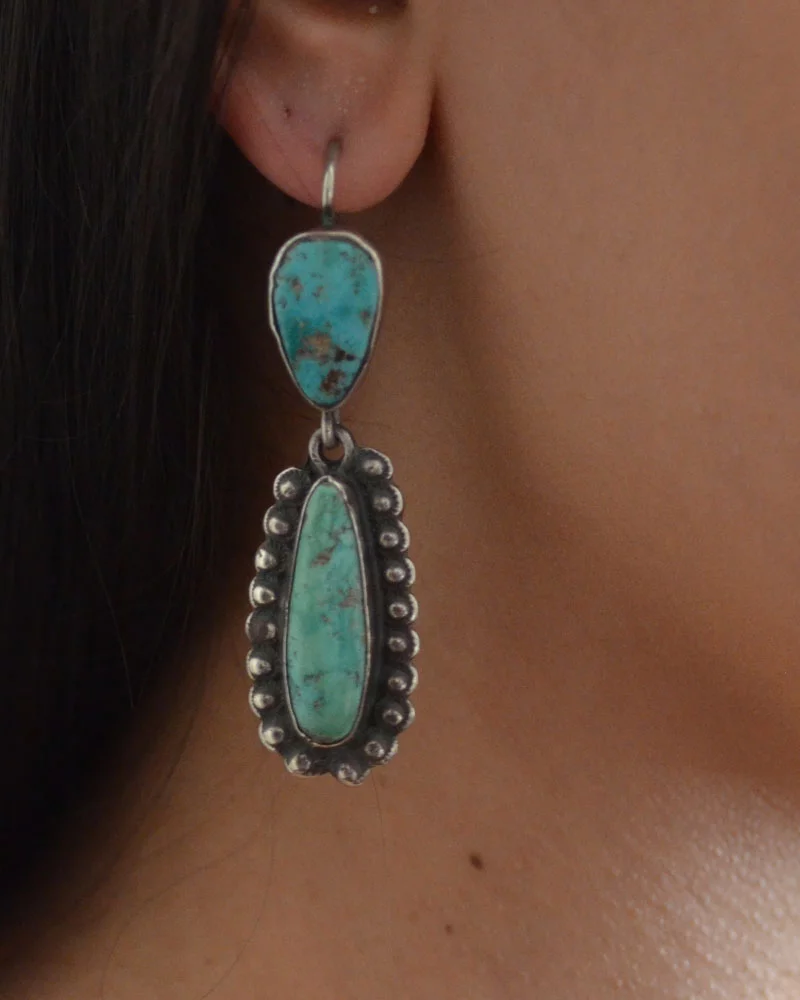 Navajo Long Green Turquoise Drop Earrings