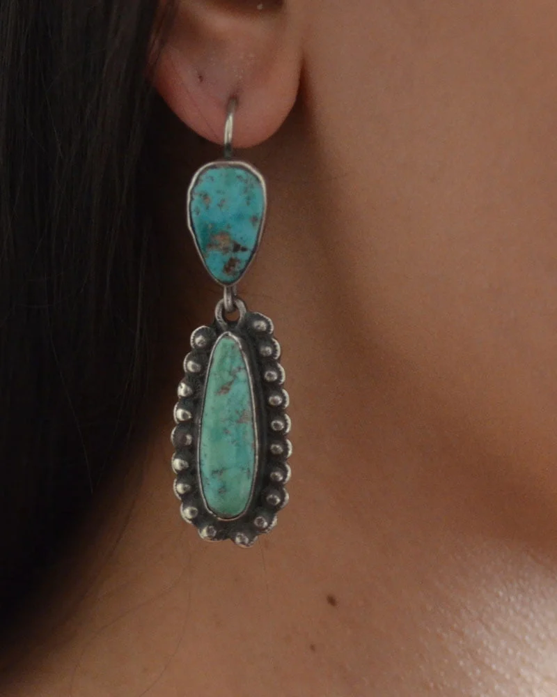 Navajo Long Green Turquoise Drop Earrings