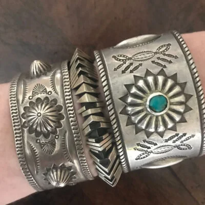 Wide Old Silver Navajo Bracelet With Arrows
