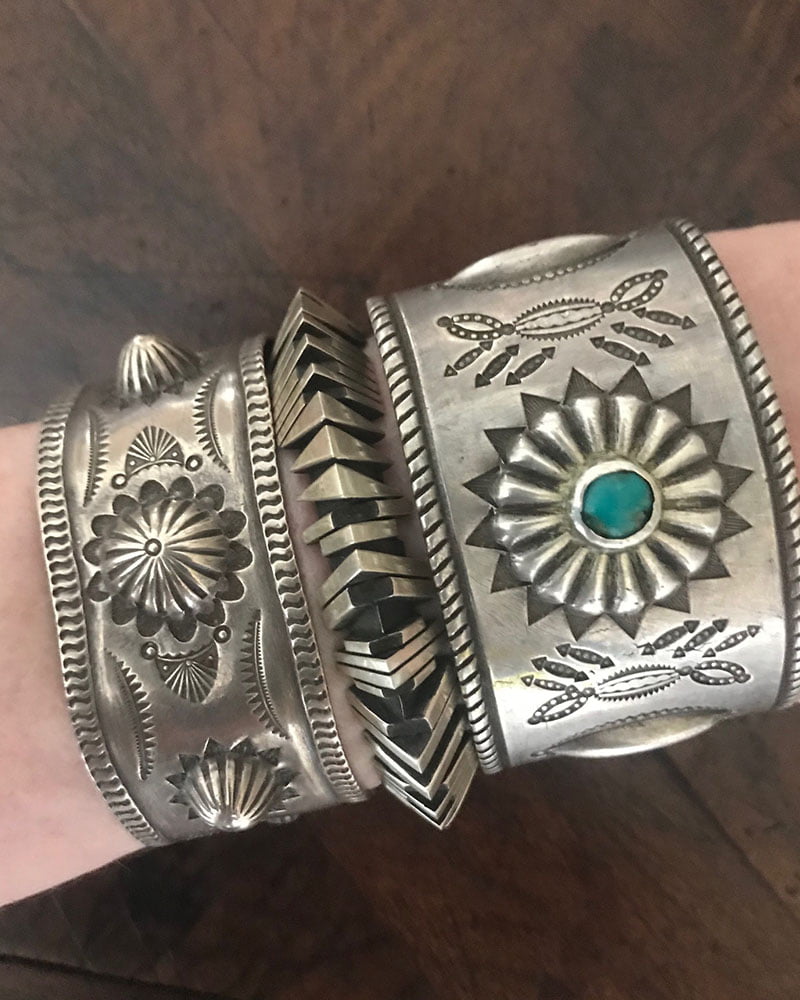 Wide Old Silver Navajo Bracelet With Arrows