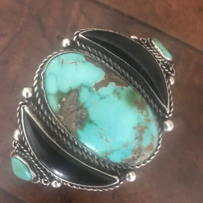Spectacular Navajo Silver, Turquoise and Jet Bracelet