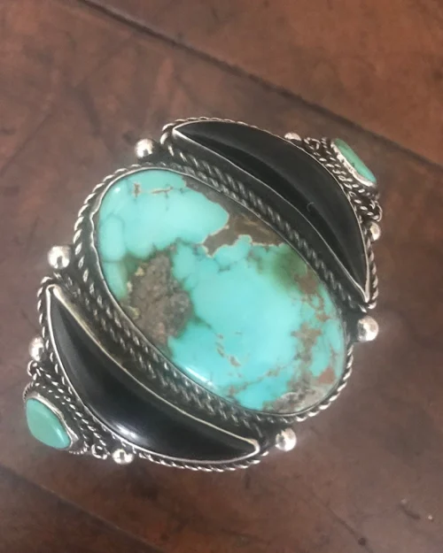 Spectacular Navajo Silver, Turquoise and Jet Bracelet