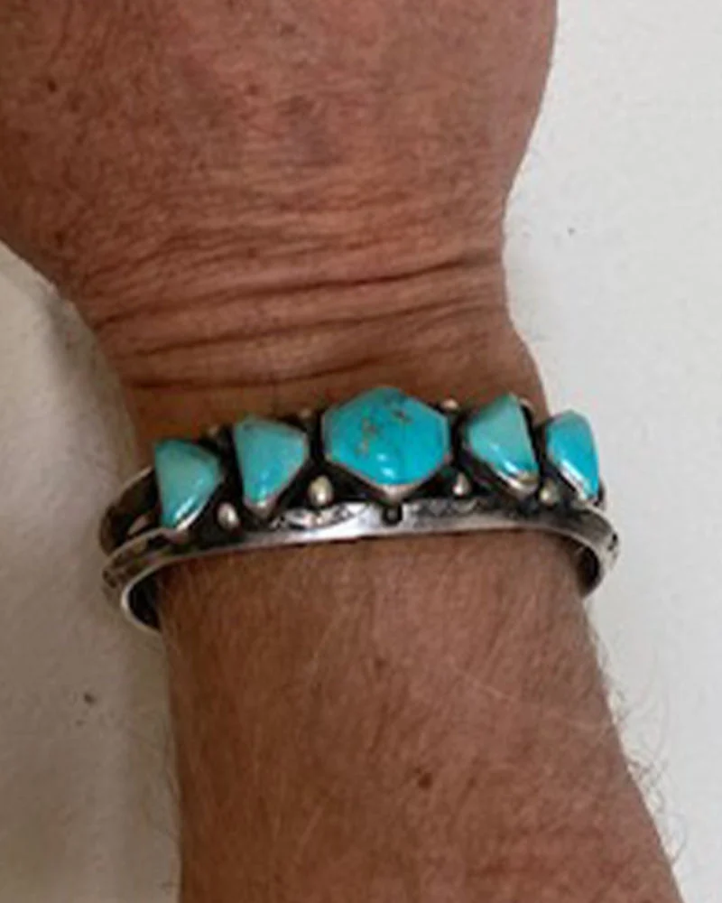 Unique Navajo Turquoise and Silver Hand Stamped Bracelet