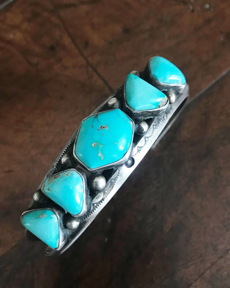 Unique Navajo Turquoise and Silver Hand Stamped Bracelet