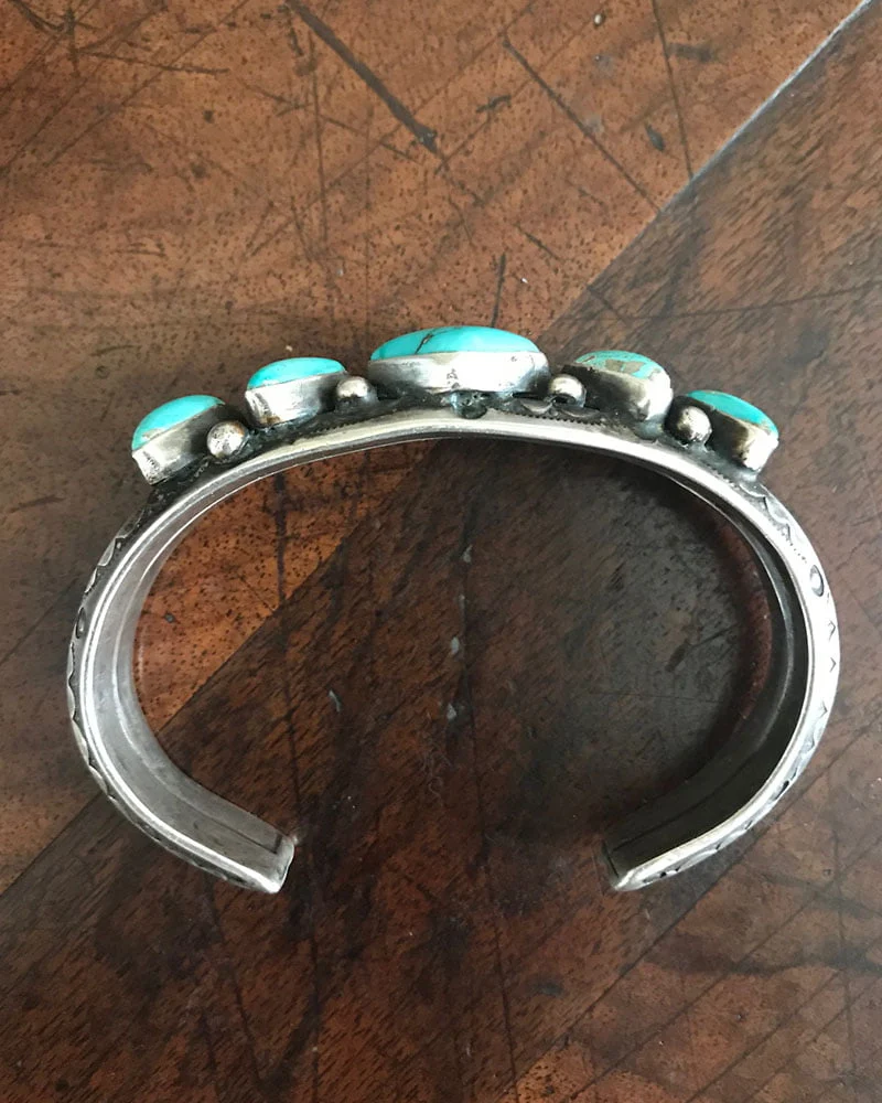 Unique Navajo Turquoise and Silver Hand Stamped Bracelet