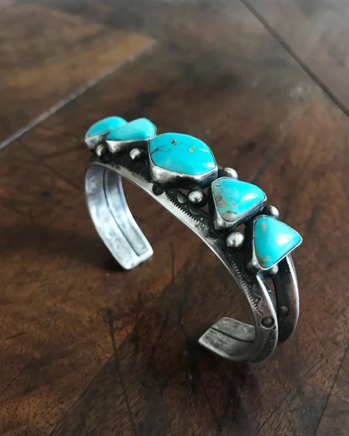 Unique Navajo Turquoise and Silver Hand Stamped Bracelet