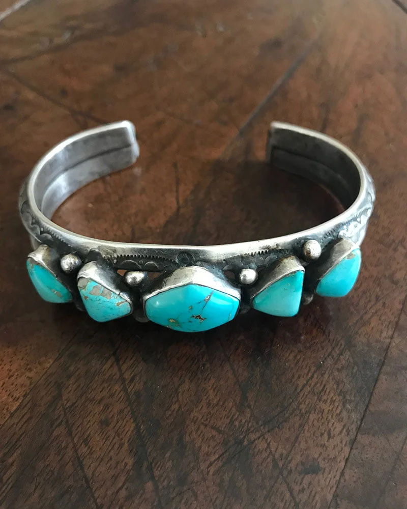 Unique Navajo Turquoise and Silver Hand Stamped Bracelet