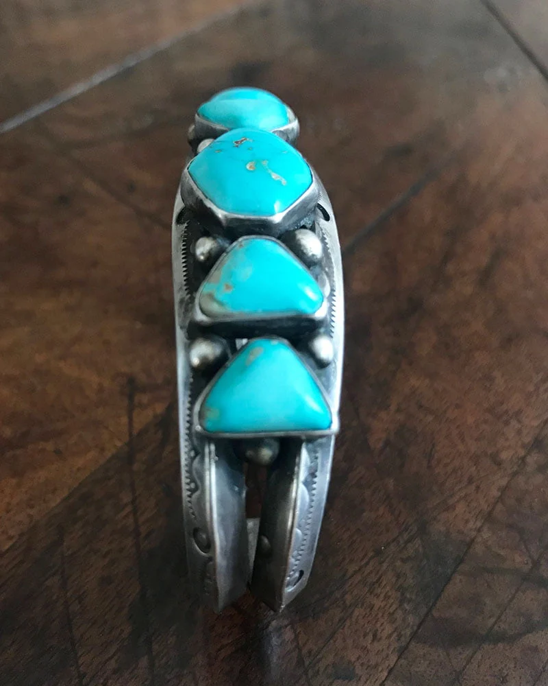 Unique Navajo Turquoise and Silver Hand Stamped Bracelet