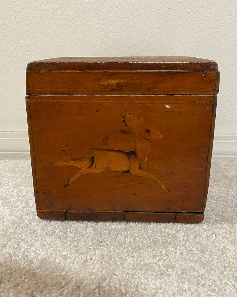 Mexican Wooden Box with Inlaid Dog and Deer