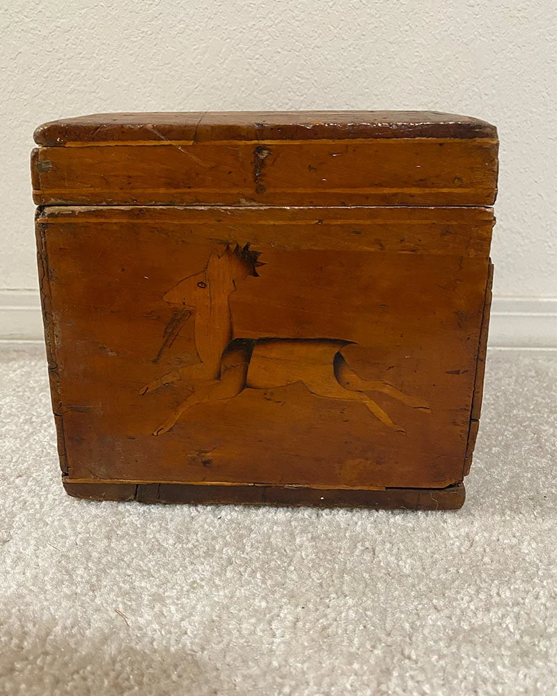 Mexican Wooden Box with Inlaid Dog and Deer
