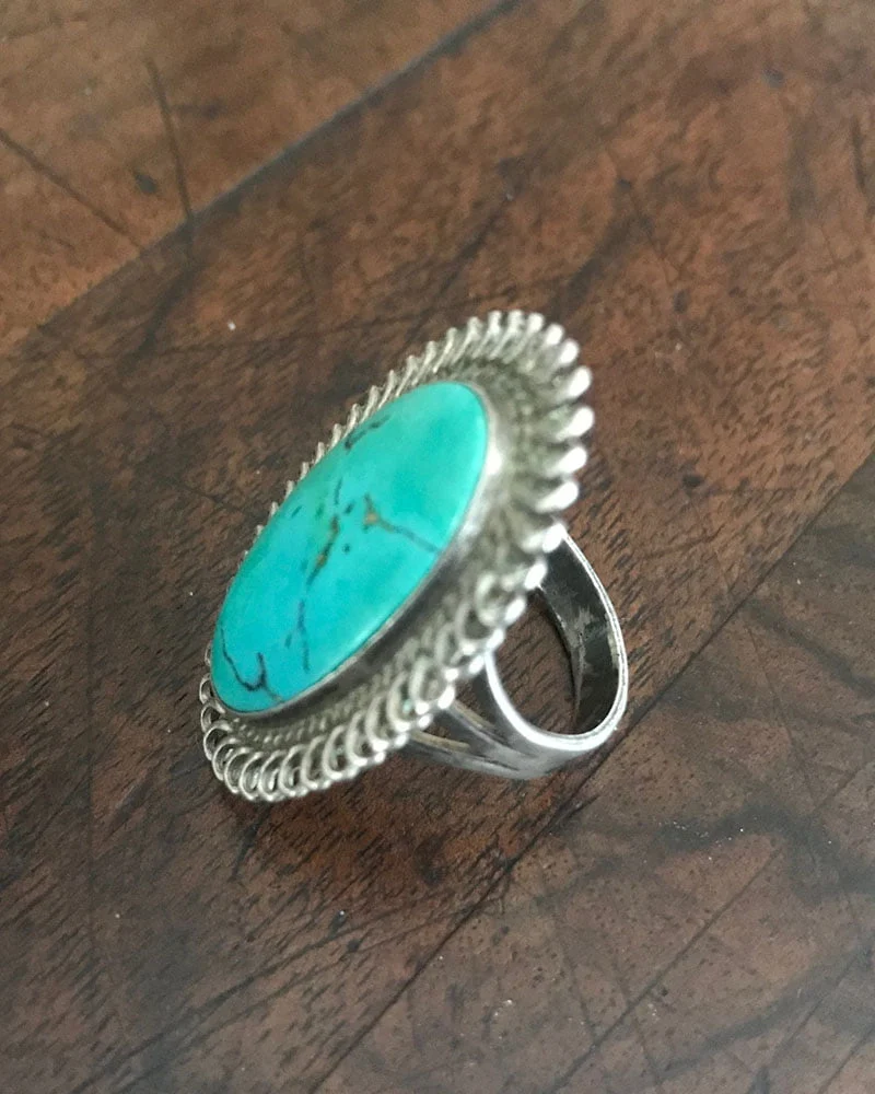 Navajo Turquoise Ring With Silver Twisted Wire