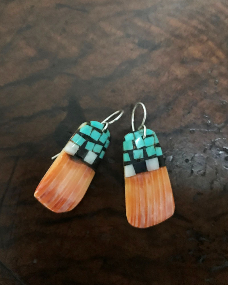 Southwestern Style Spiny Oyster Shell Earrings - Orange Hut Shape, Dangle Drop, 30mm Length