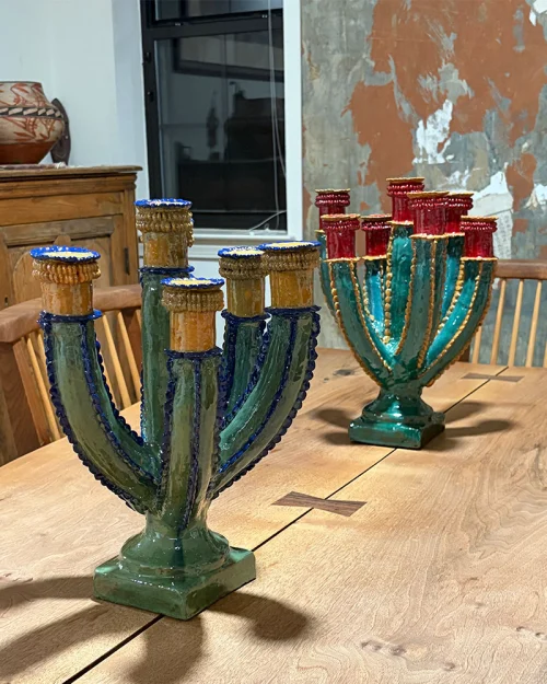 Mexican Glazed Pottery Candelabras